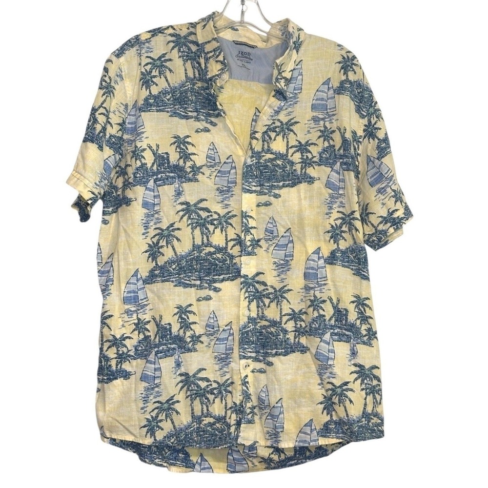IZOD Saltwater Men Shirt Yellow Blue Tropical Sailboat Button Up Resort Wear XL